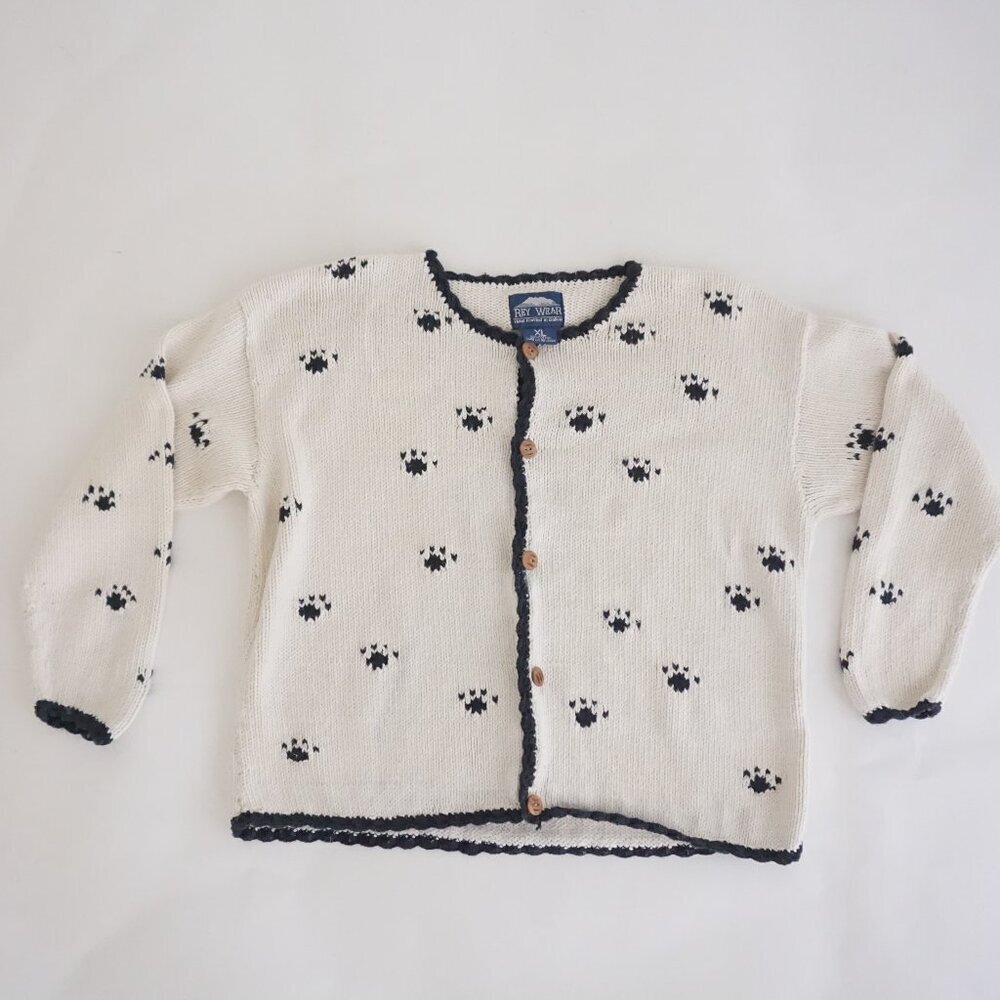 Vintage Rey Wear Cream w Black Paw Prints Dog Puppy Cotton Knit Cardigan L
